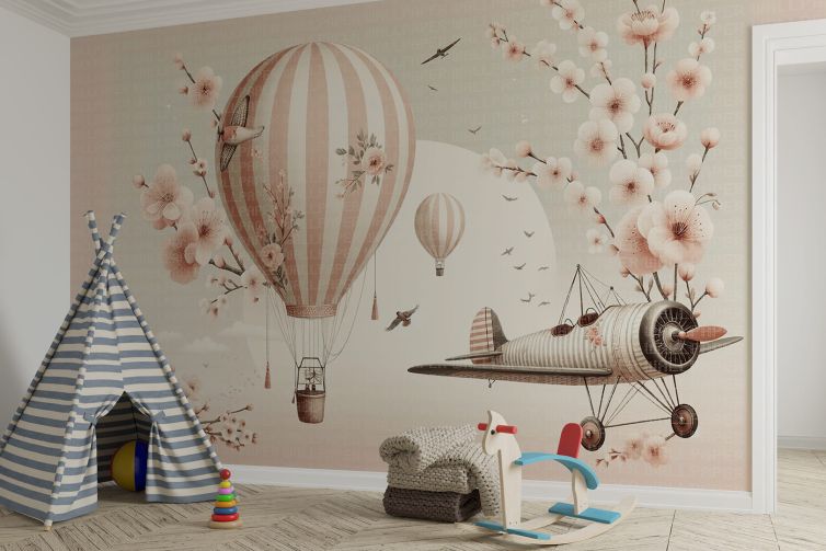 Balon uçak ve çiçekler çocuk odası poster duvar kağıdı