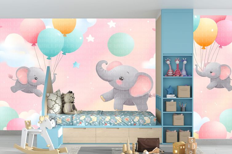 Balonlarla uçan filler çocuk odası poster duvar kağıdı