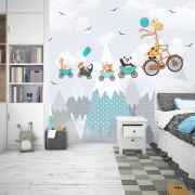 Bisikletli zürafa ve hayvanlar çocuk odası poster duvar kağıdı