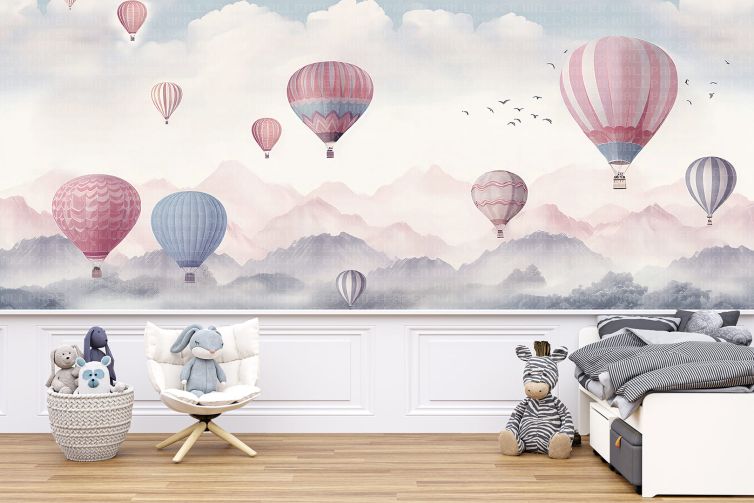 Bulutların üzerinde balonlar çocuk odası poster duvar kağıdı