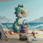 Deniz kıyısında dinozor çocuk odası poster duvar kağıdı