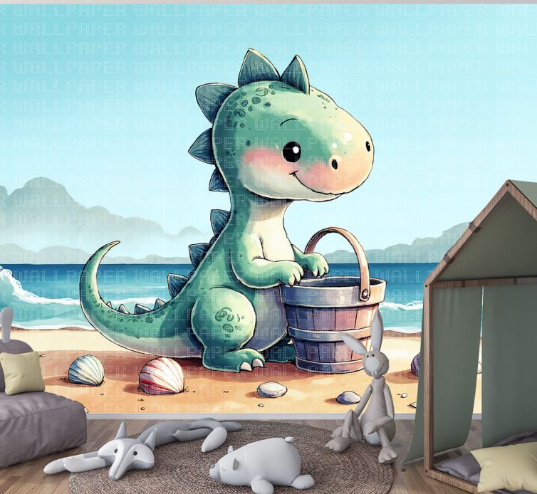 Deniz kıyısında dinozor çocuk odası poster duvar kağıdı
