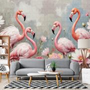 Flamingolar renkli çiçekler poster duvar kağıdı
