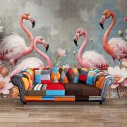 Flamingolar renkli çiçekler poster duvar kağıdı