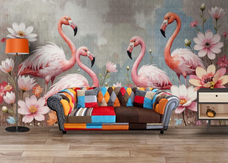 Flamingolar renkli çiçekler poster duvar kağıdı