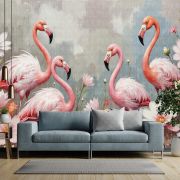Flamingolar renkli çiçekler poster duvar kağıdı