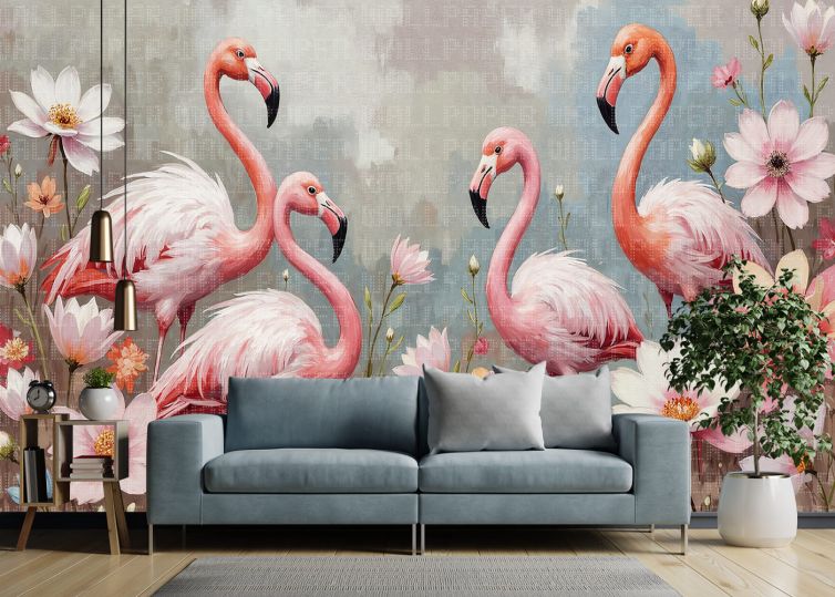 Flamingolar renkli çiçekler poster duvar kağıdı