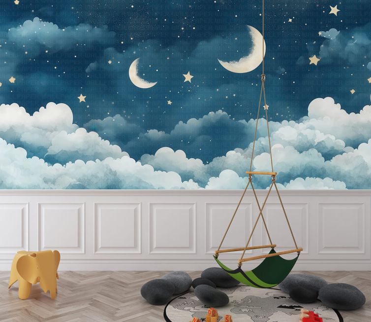 Gece bulutlar yıldızlar çocuk odası poster duvar kağıdı