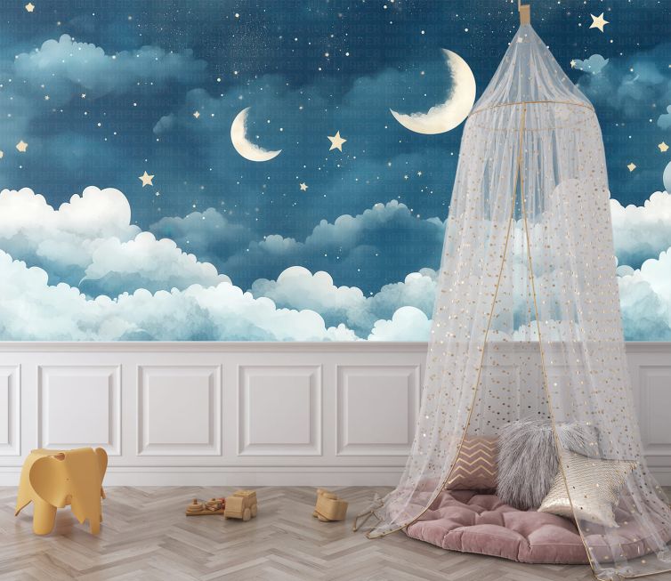 Gece bulutlar yıldızlar çocuk odası poster duvar kağıdı