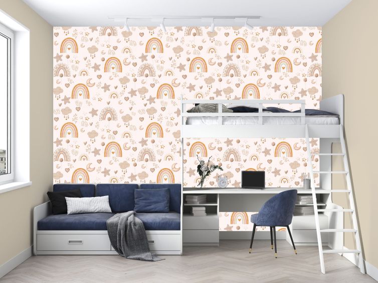 Gökkuşağı ay yıldız desen çocuk odası poster duvar kağıdı