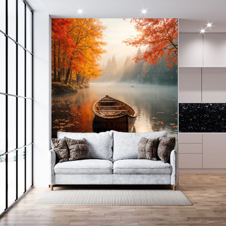 Gölde sonbahar ve kayık poster duvar kağıdı