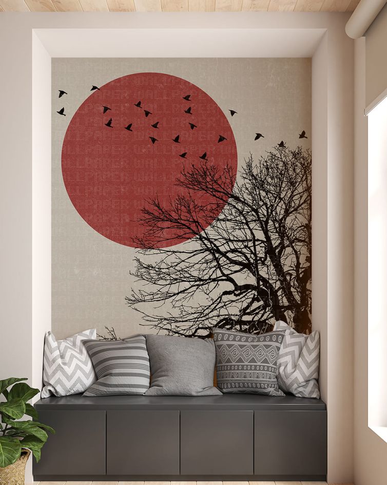 Kırmızı güneş önünde kuşlar poster duvar kağıdı