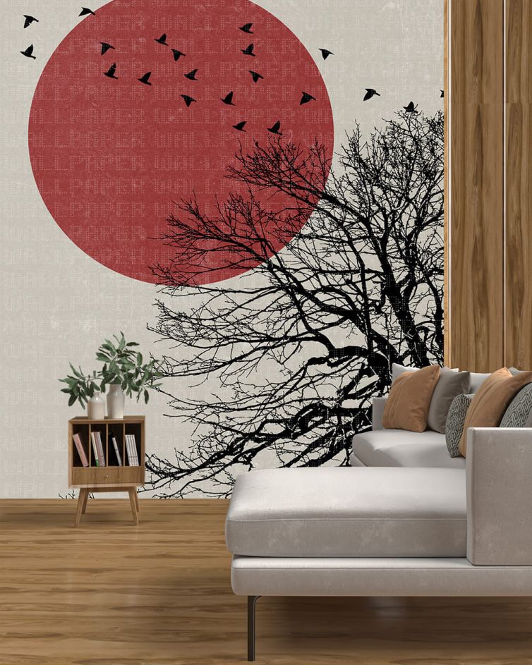 Kırmızı güneş önünde kuşlar poster duvar kağıdı