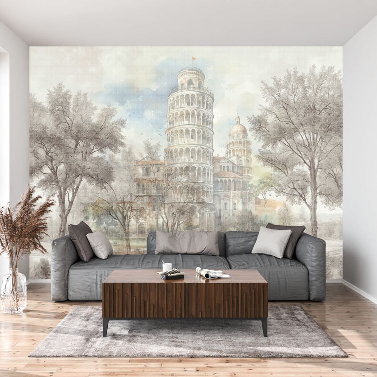 Ormanda ağaçlar ve Pisa Kulesi silueti poster duvar kağıdı
