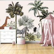 Ormanda palmiyeler altında zürafa zebra fil çocuk odası poster duvar kağıdı