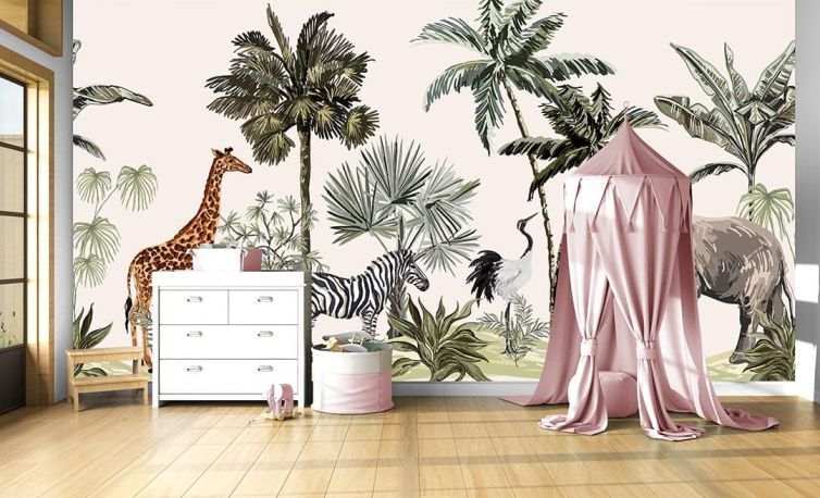 Ormanda palmiyeler altında zürafa zebra fil çocuk odası poster duvar kağıdı