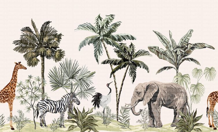 Ormanda palmiyeler altında zürafa zebra fil çocuk odası poster duvar kağıdı