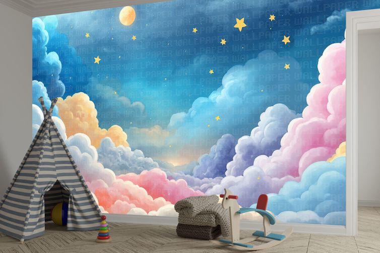 Renkli bulutlar ve ay çocuk odası poster duvar kağıdı