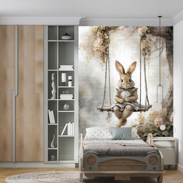 Salıncakta tavşan ve sis çocuk odası poster duvar kağıdı