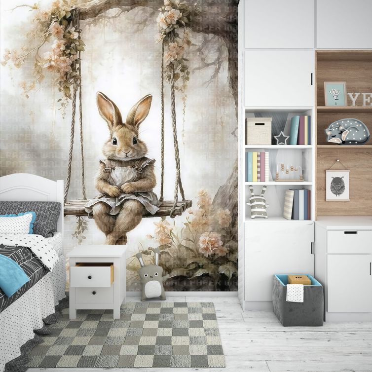 Salıncakta tavşan ve sis çocuk odası poster duvar kağıdı