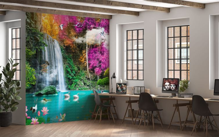 Şelale kuğular leylekler poster duvar kağıdı