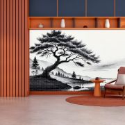 Siyah beyaz göl ağaçlar ve doğa poster duvar kağıdı