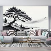 Siyah beyaz göl ağaçlar ve doğa poster duvar kağıdı