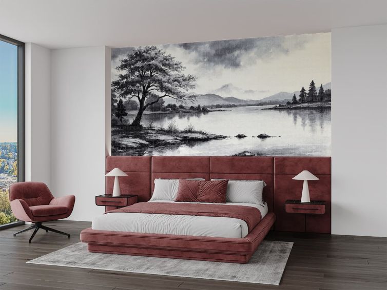 Siyah beyaz göl ve doğa poster duvar kağıdı
