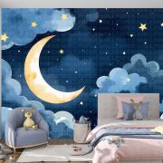 Suluboya bulutlar ay ve gece çocuk odası poster duvar kağıdı