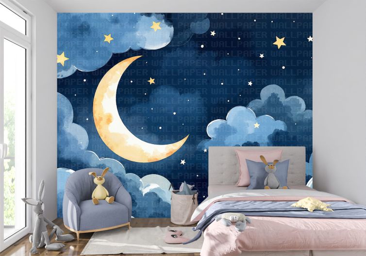 Suluboya bulutlar ay ve gece çocuk odası poster duvar kağıdı