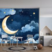Suluboya bulutlar ay ve gece çocuk odası poster duvar kağıdı