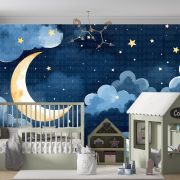 Suluboya bulutlar ay ve gece çocuk odası poster duvar kağıdı