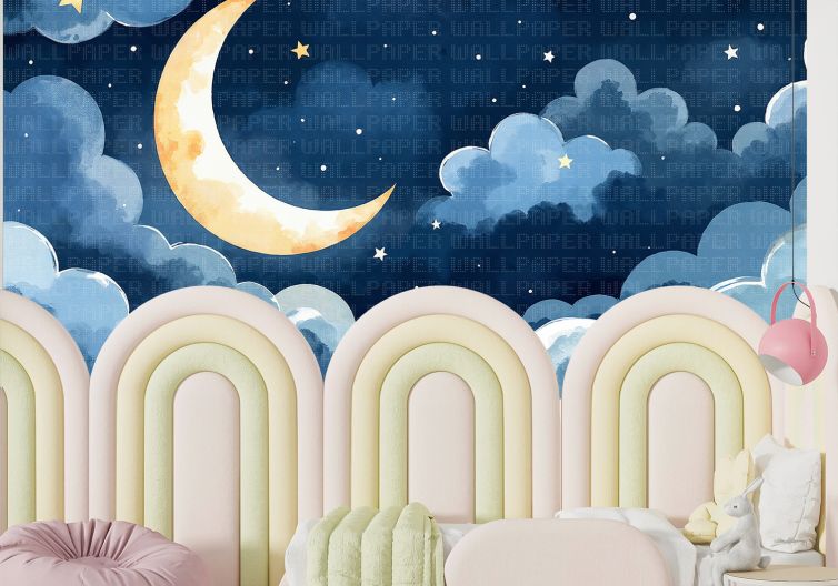 Suluboya bulutlar ay ve gece çocuk odası poster duvar kağıdı