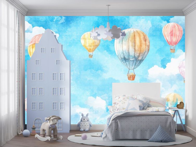 Sulu boya gökyüzünde balonlar çocuk odası poster duvar kağıdı