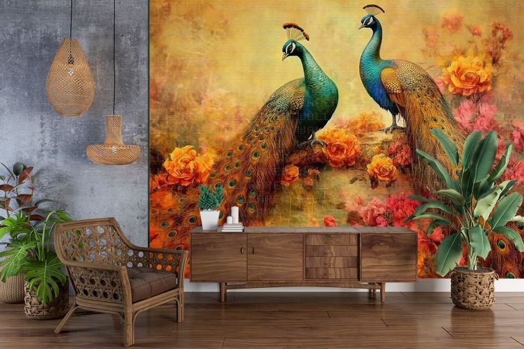 Suluboya iki tavus kuşu ve çiçekler poster duvar kağıdı