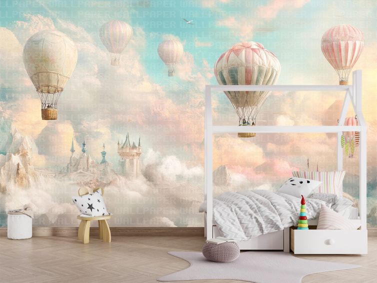 Sulu boya şato balonlar çocuk odası poster duvar kağıdı