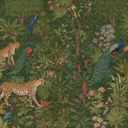 Tavus kuşu ve leoparlar ormanda illüstrasyon poster duvar kağıdı