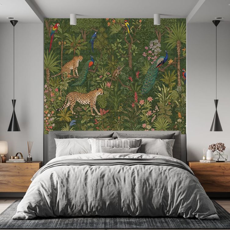 Tavus kuşu ve leoparlar ormanda illüstrasyon poster duvar kağıdı