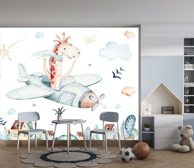 Uçak ve zürafa çocuk odası poster duvar kağıdı