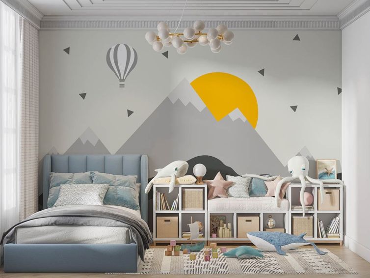 Dağ güneş balon çocuk odası poster duvar kağıdı