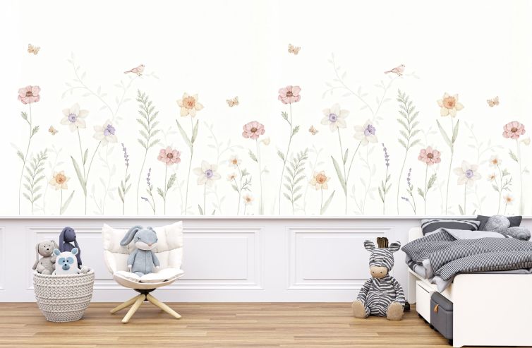 Çiçeklere konmuş kuşlar çocuk odası poster duvar kağıdı