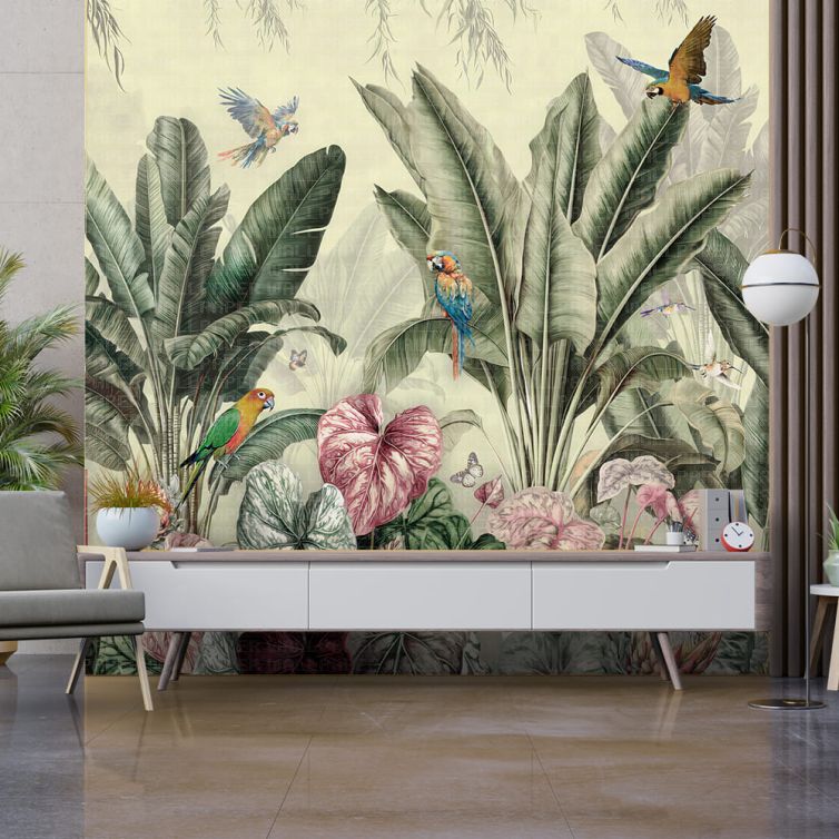 Muz ağaçları kelebekler papağanlar poster duvar kağıdı