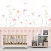 Pembe panel ve çiçekler kuşlar çocuk odası poster duvar kağıdı