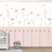Pembe panel ve çiçekler kuşlar çocuk odası poster duvar kağıdı