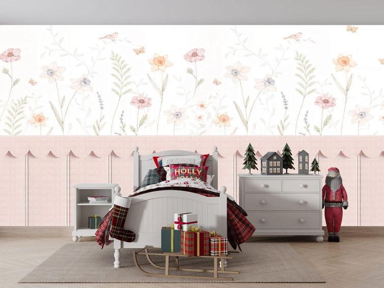 Pembe panel ve çiçekler kuşlar çocuk odası poster duvar kağıdı