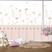 Pembe panel ve çiçekler kuşlar çocuk odası poster duvar kağıdı