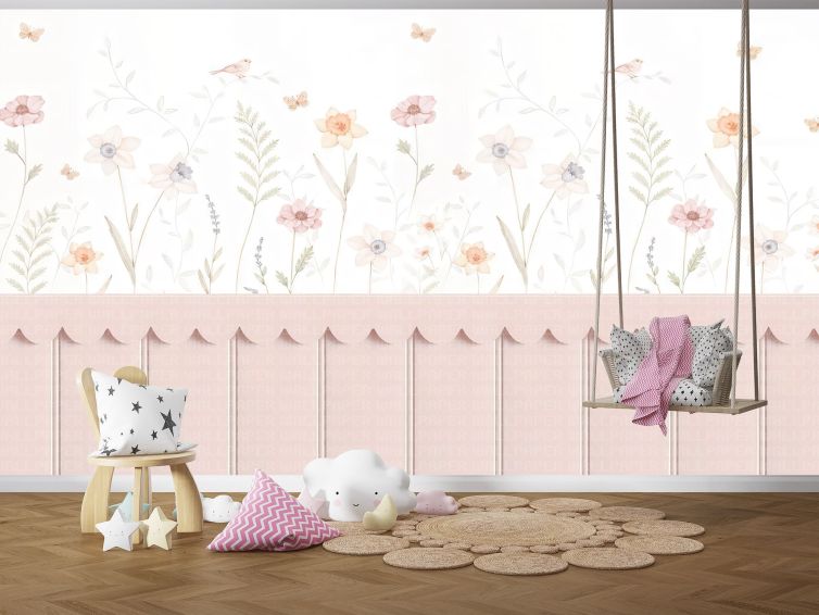 Pembe panel ve çiçekler kuşlar çocuk odası poster duvar kağıdı