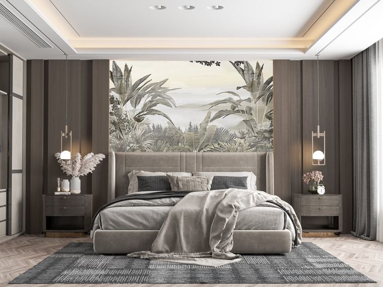 Muz ağaçları arkasında puslu manzara poster duvar kağıdı