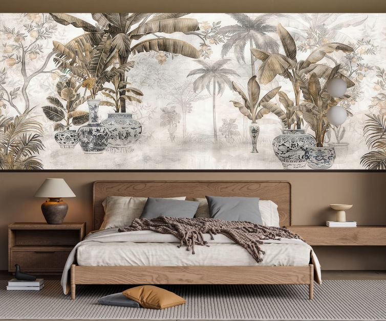Saksılarda muz ağaçları ve siluet palmiyeler poster duvar kağıdı