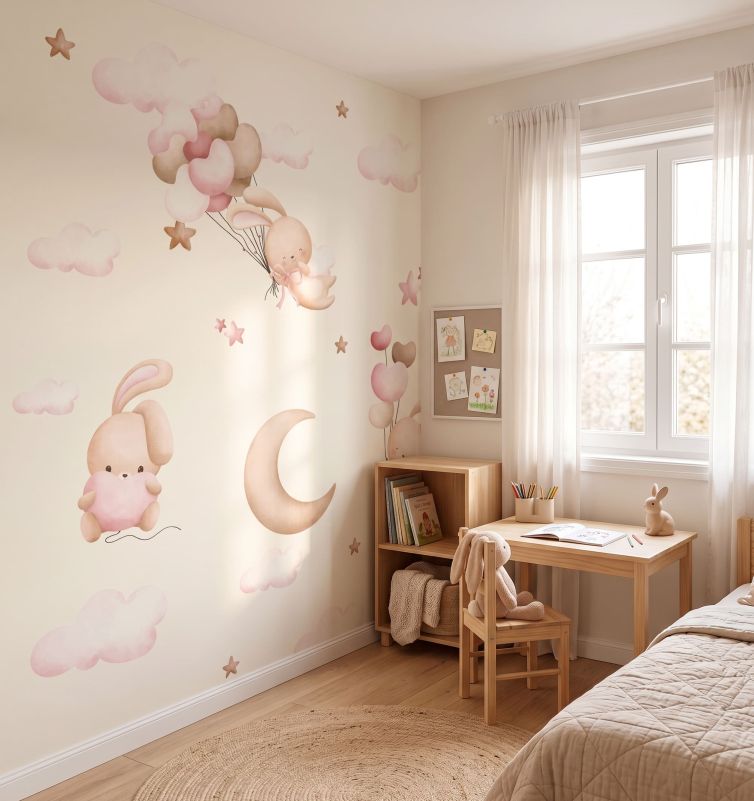 Pembe bulutlar bunny çocuk odası poster duvar kağıdı